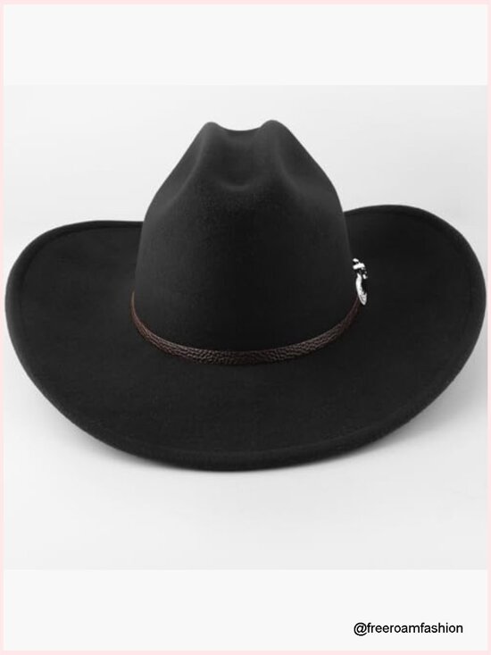 Classic Felt Western Cowboy Hat with Belt Buckle Retro Wide Brim Fedora